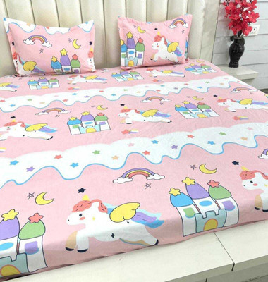 TINDLER KNOTS Cotton Queen Flat 300 TC Printed Bedsheet(Pack of 1, PINK-UNICORN01)