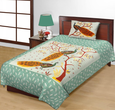 Salgia 140 TC Cotton Single Jaipuri Prints Flat Bedsheet(Pack of 1, Green)