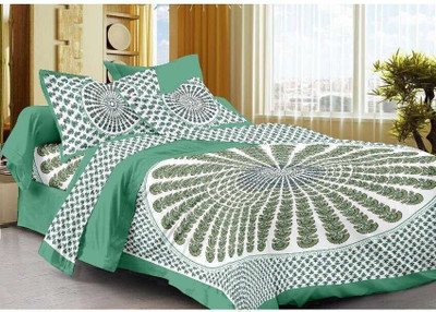 RADHA RANI COLLECTION Cotton Double Flat 110 TC Jaipuri Prints Bedsheet(Pack of 1, Turquoise)
