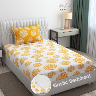HIDECOR 280 TC Microfiber Single Polka Fitted (Elastic) Bedsheet(Pack of 1, White & Yellow)