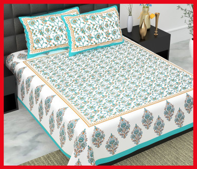 BedZone Cotton Double Flat 240 TC Jaipuri Prints Bedsheet(Pack of 1, Sky)