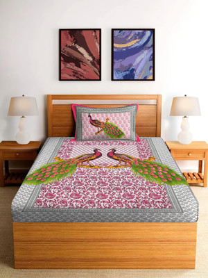 SPANGLE Polycotton Single Flat 144 TC Printed Bedsheet(Pack of 1, Green, Pink Peacock)