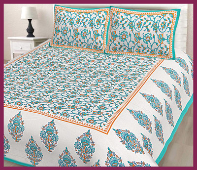 JAIPUR PRINTS Cotton Double Flat 210 TC Jaipuri Prints Bedsheet(Pack of 1, Sky)
