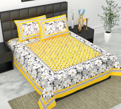 Navkar Creation 104 TC Cotton Double Jaipuri Prints Flat Bedsheet(Pack of 1, Yellow)