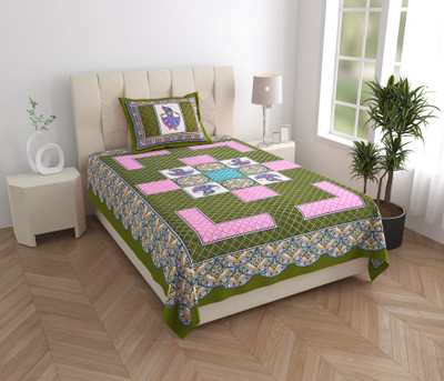 Maa Collection 144 TC Cotton Single Printed Flat Bedsheet(Pack of 1, Green)