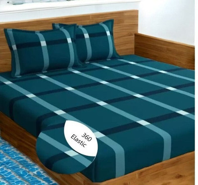 RUMFOT Cotton Double Fitted (Elastic) 300 TC Printed Bedsheet(Pack of 1, Blue)