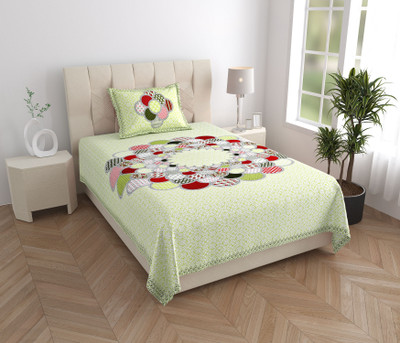Rajasthani Traditional Cotton Single Flat 300 TC Striped Bedsheet(Pack of 1, Green)
