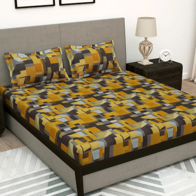 Story@home 180 TC Microfiber Double Abstract Flat Bedsheet(Pack of 1, Mustard)