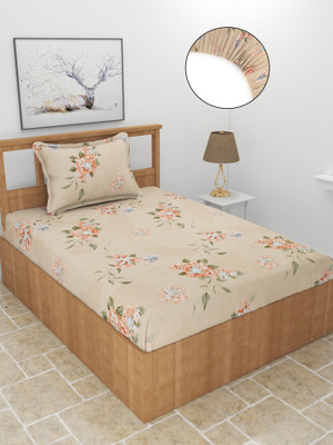 MORADO 210 TC Polycotton Single Floral Fitted (Elastic) Bedsheet(Pack of 1, Peach)