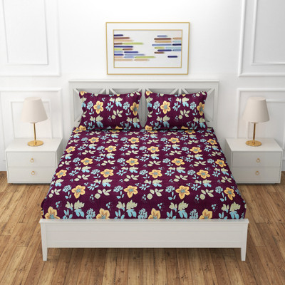 Spire Cotton Double Fitted (Elastic) 200 TC Printed Bedsheet(Pack of 1, Purple)