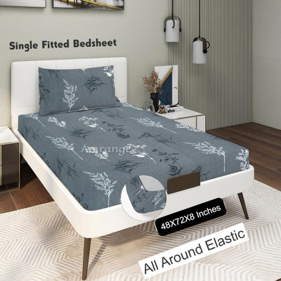 Amrange 190 TC Cotton Single Floral Fitted (Elastic) Bedsheet(Pack of 1, Grey)