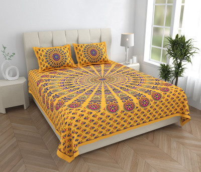 ABHACLOTHO Cotton Double Flat 144 TC Printed Bedsheet(Pack of 1, Yellow)