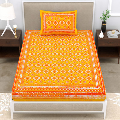 Cosito 144 TC Cotton Single Jaipuri Prints Flat Bedsheet(Pack of 1, Yellow 1)