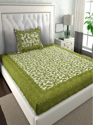 Dreamsoft Cotton Single Flat 144 TC Jaipuri Prints Bedsheet(Pack of 1, Tittli Green)