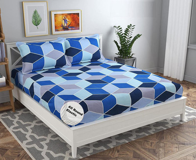 DECOMIZER 210 TC Cotton King Printed Fitted (Elastic) Bedsheet(Pack of 1, Blue1)