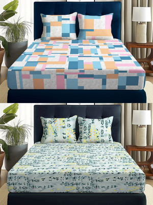 Story@home 180 TC Microfiber Double Printed Flat Bedsheet(Pack of 2, Light Blue, Lime)