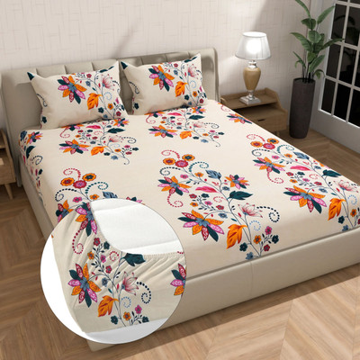 BLUEDOT Cotton Double Fitted (Elastic) 200 TC Floral Bedsheet(Pack of 1, Multicolor)