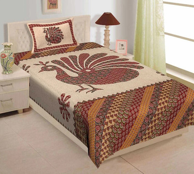 Rajasthani Traditional Cotton Single Flat 300 TC Jaipuri Prints Bedsheet(Pack of 1, Multicolor)