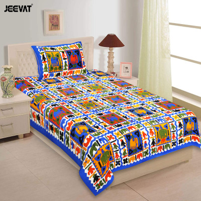 Jeevat Cotton Single Flat 144 TC Printed Bedsheet(Pack of 1, Blue, Yellow, Orange, Green)