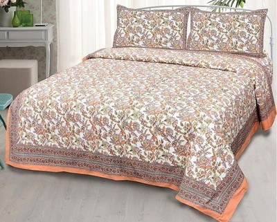 EasyGoods Cotton King Flat 240 TC Jaipuri Prints Bedsheet(Pack of 1, Orange)