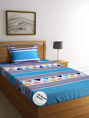 DECOMIZER 210 TC Cotton Single Printed Fitted (Elastic) Bedsheet(Pack of 1, Blue2)