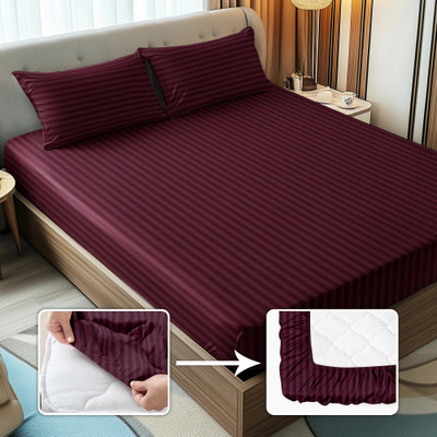 Story@home Microfiber Queen Fitted (Elastic) 300 TC Striped Bedsheet(Pack of 1, Maroon)