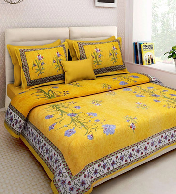 CLOTHOLOGY Cotton Double Flat 144 TC Jaipuri Prints Bedsheet(Pack of 1, Yellow, Green, Blue, White)