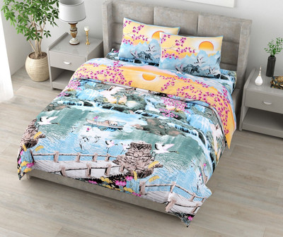 RJ Cotton King Flat 210 TC Printed Bedsheet(Pack of 1, Ylw, Blue)