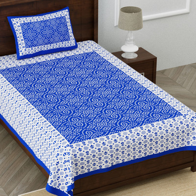 Kksh Cotton Single Flat 144 TC Printed Bedsheet(Pack of 1, Blue)