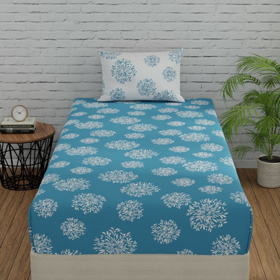 Huesland Cotton Single Flat 144 TC Geometric Bedsheet(Pack of 1, Blue & White)