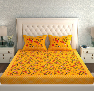 Govindam 144 TC Cotton Single Printed Flat Bedsheet(Pack of 1, Yellow/Red Flower)