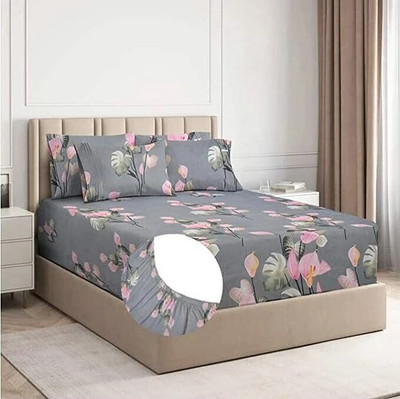Ex-cell 200 TC Cotton King Floral Fitted (Elastic) Bedsheet(Pack of 1, Grey)