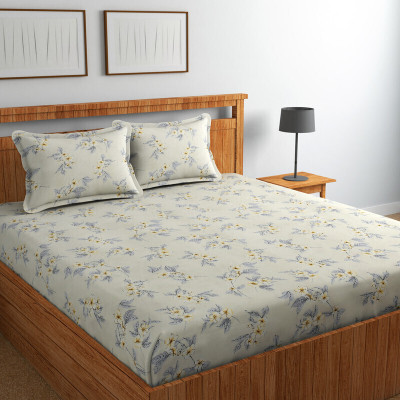 GLORIES 210 TC Polycotton King Printed Fitted (Elastic) Bedsheet(Pack of 1, White Grey)