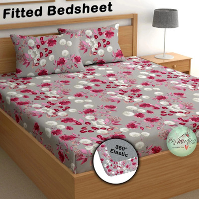 CG Homes 180 TC Cotton Double Printed Fitted (Elastic) Bedsheet(Pack of 1, Grey & Maroon)