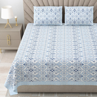 urban jaipur 300 TC Cotton King Geometric Flat Bedsheet(Pack of 1, White-Blue)