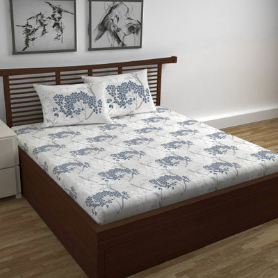 Divine Casa Cotton Double Flat 144 TC Floral Bedsheet(Pack of 1, Steel Blue)