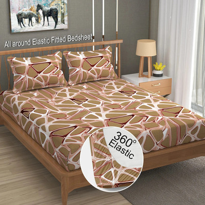 LA VERNE Cotton Double Fitted (Elastic) 144 TC Jaipuri Prints Bedsheet(Pack of 1, Brown)