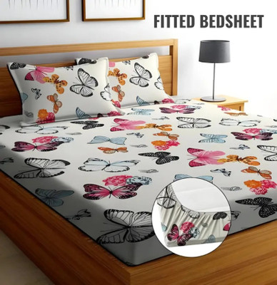 RisingStar Cotton King Fitted (Elastic) 250 TC Printed Bedsheet(Pack of 1, FITTED WHITE BUTTERFLY)