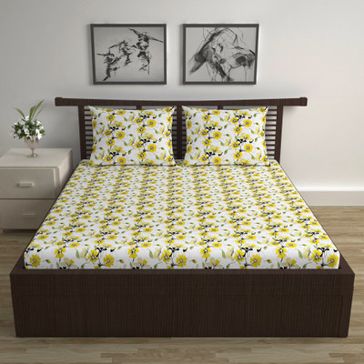 Divine Casa Cotton Double Flat 144 TC Floral Bedsheet(Pack of 1, Daffodil Yellow)