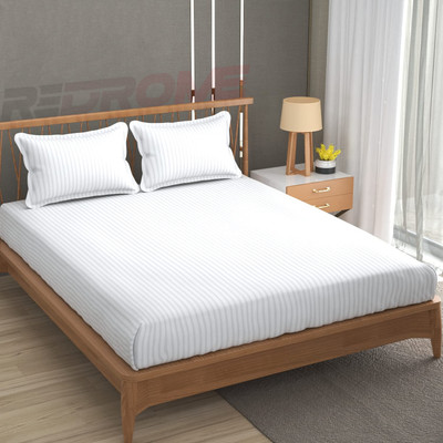 REDROME Cotton Double Flat 300 TC Striped Bedsheet(Pack of 1, White)