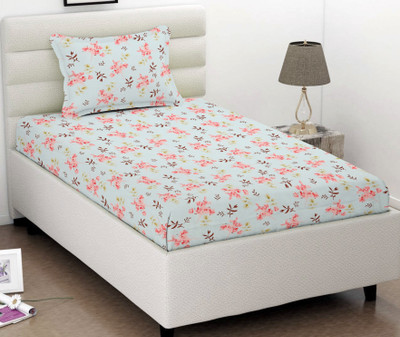 VAS COLLECTIONS Cotton Single Flat 180 TC Floral Bedsheet(Pack of 1, White Pink)