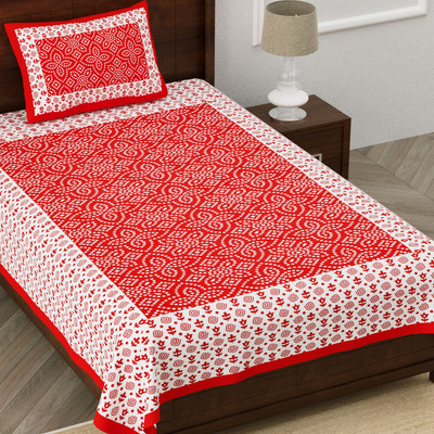 Kksh Cotton Single Flat 144 TC Printed Bedsheet(Pack of 1, Red)