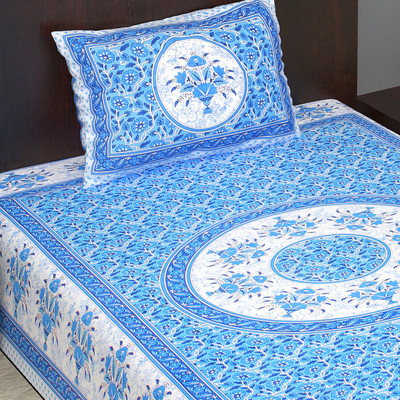 Satnam Prints Cotton Single Flat 160 TC Printed Bedsheet(Pack of 1, Blue)