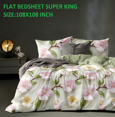 Laying Style Polycotton Super King Flat 350 TC Floral Bedsheet(Pack of 1, Glace Cotton Flower Flat King Bedsheet 108 X 108 Inch with 2 Pillow Cover)