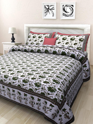 Go Texstylers Cotton Queen Flat 200 TC Jaipuri Prints Bedsheet(Pack of 1, Light Green)