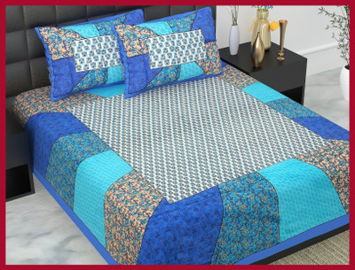 JAIPUR PRINTS Cotton Double Flat 144 TC Jaipuri Prints Bedsheet(Pack of 1, Blue)
