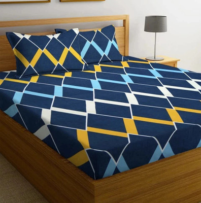 HOMYBEES 220 TC Cotton Double Abstract Fitted (Elastic) Bedsheet(Pack of 1, Blue)