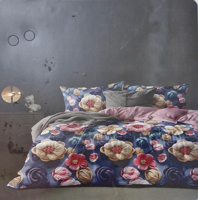 DECOR BY MOM Cotton Double Fitted (Elastic) 400 TC Floral Bedsheet(Pack of 1, Blue)