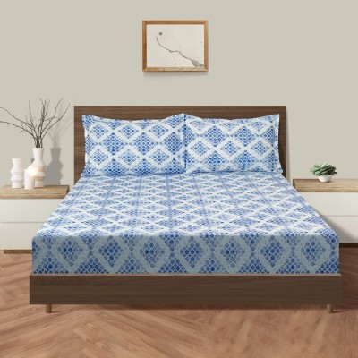 SWAYAM 160 TC Cotton King Geometric Fitted (Elastic) Bedsheet(Pack of 1, Blue / White)