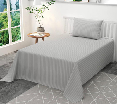 Hardeep 300 TC Satin Single Striped Flat Bedsheet(Pack of 1, Silver)